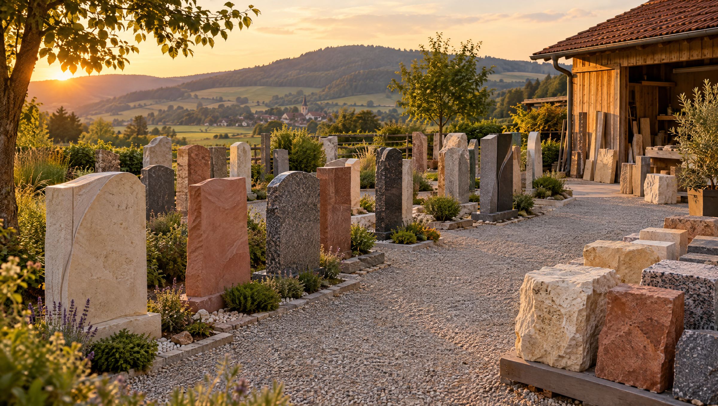 Ausstellungsgelände mit Grabmalen und Natursteinmustern im Abendlicht