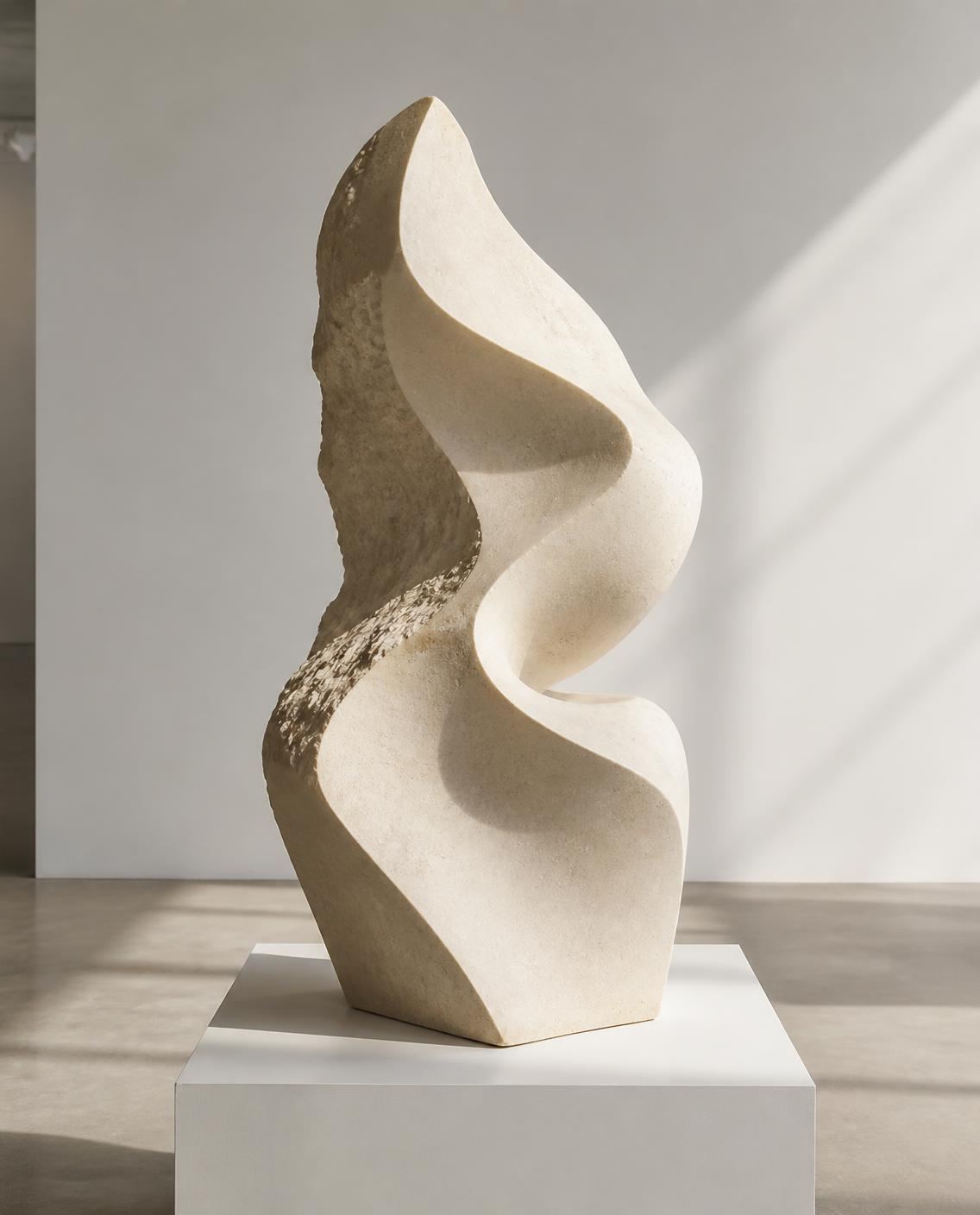 Abstrakte Skulptur aus hellem Kalkstein