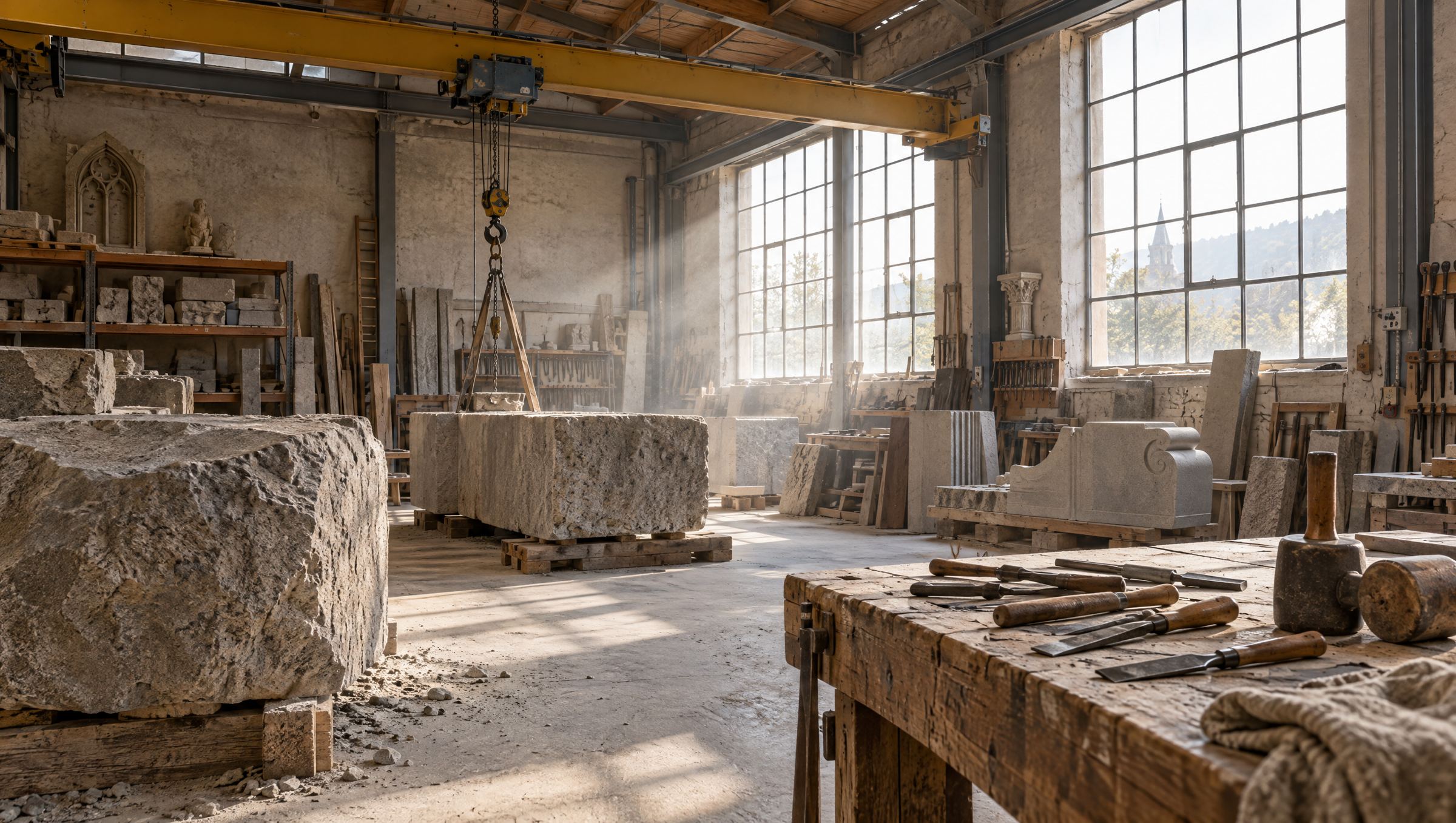 Steinmetzwerkstatt mit Rohblöcken, Werkbank und Hallenkran